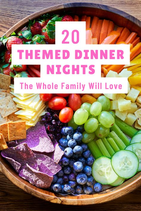 Looking for new dinner inspiration? These themed nights are a fun way to mix up your meal planning and enjoy something different. Serving Dinner Family Style, Fun Party Dinner Ideas, Fun Birthday Dinner Ideas Families, Supper Theme Nights, Make Your Own Dinner Party Ideas, Fun Family Dinners To Make Together, Group Food Themes, Board Meals Dinners, Dinner Themes For Groups