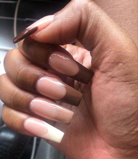 French Tip With Fall Colors, Tan Tips Nails, Different Shades Of Brown French Tips, Matte Nail Glossy French Tip, Shades Of Brown French Tip Nails, Brown Nude Acrylic Nails, Brown And Nude Acrylic Nails, Light Brown French Tip Nails, Tan French Tip Nails