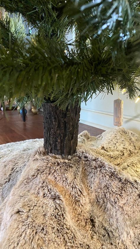 How To Make Your Artificial Tree Trunk Look Like Real Bark — Maggie McGaugh Christmas Tree Trunk Cover, Christmas Tree Trunk Ideas, Tree Base Cover, Hide Christmas Tree Base, Diy Tree Trunk, Christmas Tree Legs, Christmas Tree Base Cover, Artifical Christmas Tree, Tree Sleeve