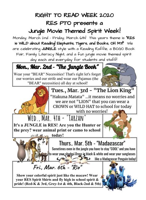 Jungle Themed Spirit Week for Right to Read Week at Rittman Elementary School Disney Themed Spirit Week Ideas, Disney Spirt Week Ideas, Safari Spirit Week, Reading Spirit Week Ideas, Right To Read Week Themes, Spirit Week Themes Highschool, Testing Themes, Reading Week Ideas, Jungle Movie