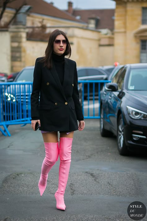 Patricia Manfield by STYLEDUMONDE Street Style Fashion Photography Style Pink Boots, How To Style Pink Boots, Pink Over The Knee Boots Outfit, Women’s Valentine’s Day Outfit, Pink Boot Outfit, Pink Thigh High Boots Outfit, Pink Knee High Boots Outfit, Patent Boots Outfit, Pink Boots Outfit