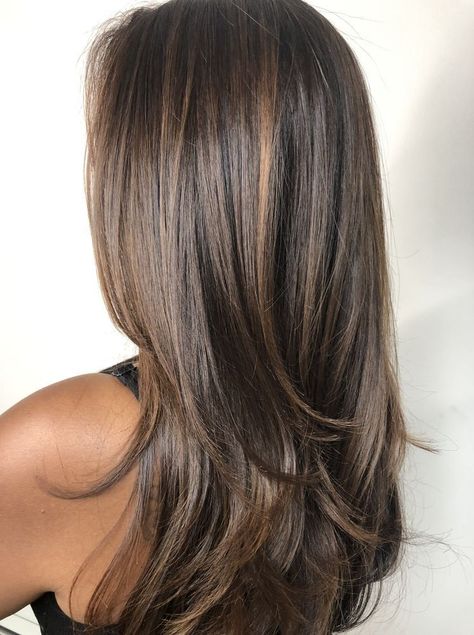 Highlights On Very Dark Brown Hair, Dark Brown Streaks On Black Hair, Highlights Brown Hair No Bleach, Partial Highlights Straight Hair, Light Blonde Highlights On Black Hair, Black Dyed Hair With Highlights, Bleached Hair Ends, Lowlights Dark Brown Hair, Dark Lowlights In Brown Hair