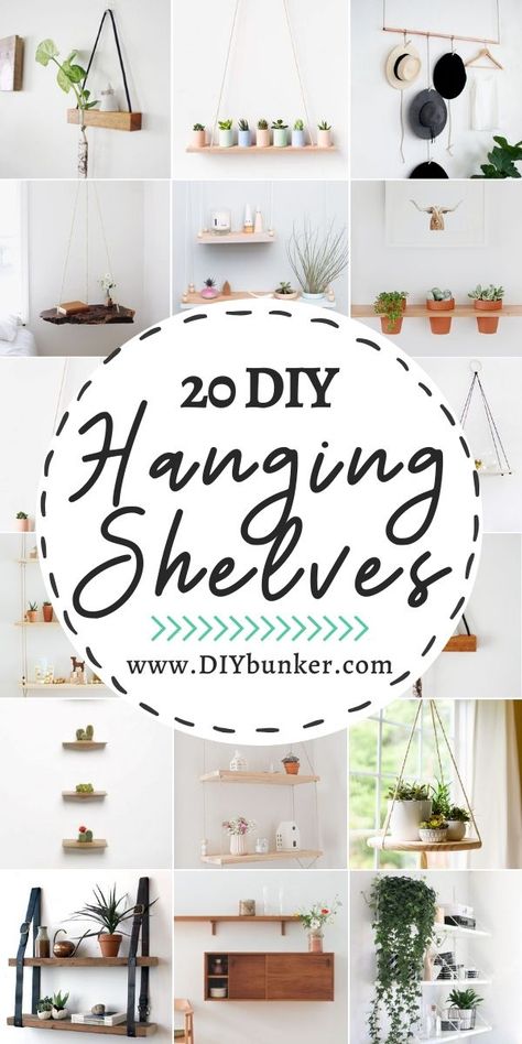 Spruce up your home on the cheap with these easy hanging shelves that you can place in your living room, bedroom or kitchen walls! #home #diy #homedecor Diy Crafts Room Decor Wall Shelves, Small Diy Shelves, Diy Bedroom Shelves Small Rooms, Diy Hanging Shelves Easy, Diy Wall Shelf Easy Cheap, Free Hanging Shelves, Boho Hanging Shelves, Hanging Shelves Decor, Diy Shelving Ideas For Living Room