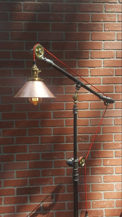 New articulating  pulley    floor lamp  Copper  shade, Antique brass finish  E 26 SOCKET UL LISTED- Pulley Floor Lamp, Steampunk Floor Lamp, Pipe Floor Lamp, Pulley Lamps, Desk Lighting, Copper Floor Lamp, Lamp Ideas, Industrial Floor Lamps, Edison Bulbs