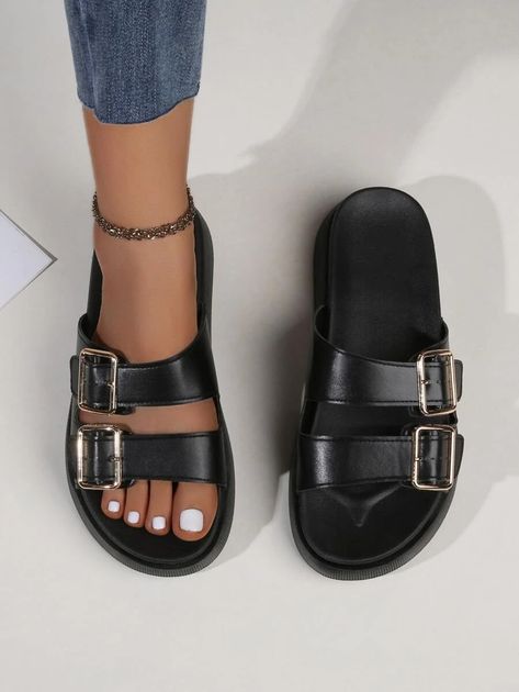 Double Buckle Strap Wedge Slide Sandals | SHEIN Double Strap Sandals Outfit, Sandals Aesthetic, Bridal Sandals Heels, Double Buckle Sandals, Party Shoes Heels, Sandals Ideas, Heels Design, Sandals Shein, Classic Loafers