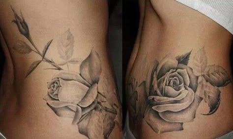 Rose tattoo Rose Tattoo On Hip, Rose Flower Tattoos, Best Tattoos For Women, 4 Tattoo, Geniale Tattoos, Rose Tattoo Design, Side Tattoos, Fitness Tattoos, Hip Tattoo