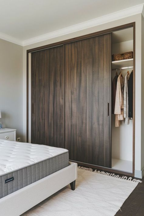 Bedroom with a dark wood sliding door wardrobe, white-framed bed with gray mattress, light gray walls, white rug, and a few clothes hanging in the wardrobe. Wardrobe Dark Wood, Dark Wood Wardrobe, Bedroom Design With Wardrobe, Wood Bedroom Ideas, Brown Wardrobe, Framed Bed, Brown Cupboards, Dark Brown Floor, Light Gray Walls