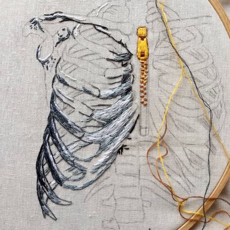 julie campbell on Instagram: “This one is going to take ages, I've started working on it again and got a bit done but ribcages are quite difficult to do I find. I…” Ribcage Embroidery, Textiles Alevel, Julie Campbell, Dress Drawing, Working On It, Rib Cage, Close Up, Stitching, Textiles