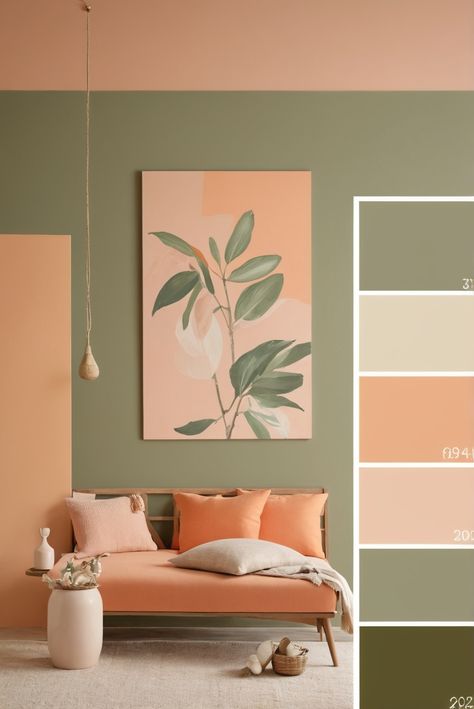 Peach Colour Bedroom Ideas, Color Combinations For Interior Design, Olive And Peach Color Palettes, Best Room Colour Combination, Peach Green Living Room, Color Combinations Paint Living Room, Indoor Wall Color Ideas, Color Combinations Home Living Rooms, Sage And Orange Living Room