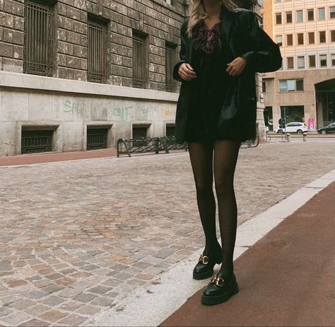 black leather jacket, black mini dress and loafers Black Dress And Loafers Outfit, Mini Dress With Loafers, Black Dress With Loafers, Patent Leather Loafers Outfit, Loafer Heels Outfit, Dress And Loafers Outfit, Dress And Loafers, Leather Loafers Outfit, Platform Loafers Outfit