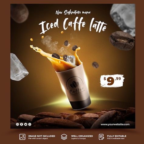 Ice coffee drink menu promotion with soc... | Premium Psd Coffee Advertising, Iced Coffee Drinks, Menu Flyer, Social Media Post Template, Coffee Menu, Ice Coffee, Banner Advertising, Iced Latte, Drink Menu