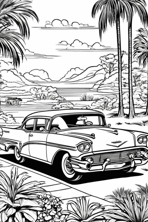 Classic 1950s car parked by a tropical landscape with palm trees and mountains. Muscle Car Coloring Pages, Classic Car Coloring Pages, Car Coloring Sheets, Coloring Pages Cars, Car Coloring Pages For Kids, Simple Car Drawing, Car Coloring Pages, Dung Beetle, Vintage Automobiles