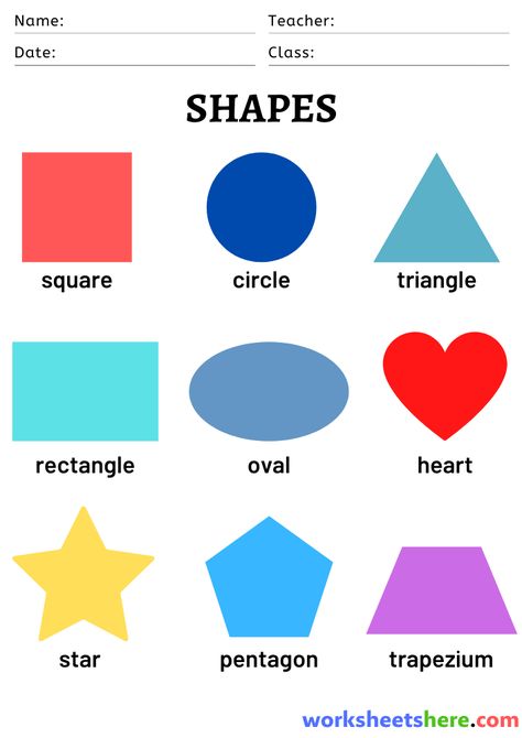 Shapes Names with Pictures, 2D Shapes Names List - WorksheetsHere.com 2d Shapes Names, Names List, Shape Names, Pentagon Shape, Types Of Shapes, Abstract Leaf, 2d Shapes, Name List, Phonics Worksheets