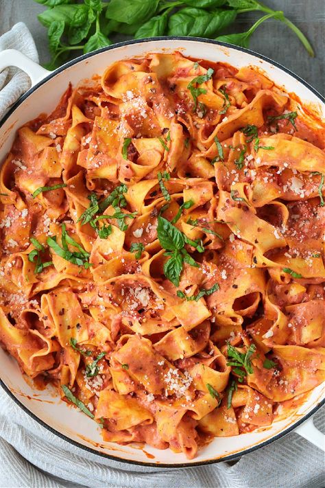 Pappardelle with Champagne Cream Sauce is perfect for the holidays! Pappardelle pasta tossed in a tomato cream sauce with real champagne! Recipes With Pappardelle Noodles, Champagne Cream Sauce, Pappardelle Pasta Recipe, Pappardelle Recipe, Boozy Recipes, Tomato Cream Sauce, Pappardelle Pasta, Vegetarian Pasta Recipes, Vegetarian Pasta