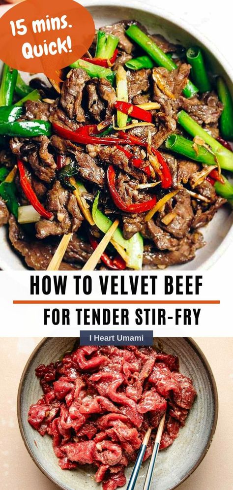 Learn how to make tender beef stir fry with the Chinese velveting beef technique, the best beef cut, how to tenderize, slice, and marinate. #beefstirfry #velvetbeef #tenderbeef #stirfry #stirfrybeef Velveted Beef, Velvet Beef, Velveting Meat, Velveting Beef, Umami Recipes, Gluten Free Asian Recipes, Budget Friendly Dinner Recipes, Easy Suppers, Man Recipes