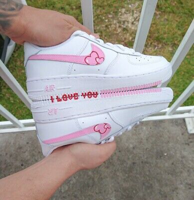 Nike Air Force 1 Womens White Pink Red Girls Gs AF1 Valentines Day Gift Love | eBay Af1 Valentines Day, Custom Air Force 1 Pink, Custom Forces, Painted Converse, Painting Shoes, Nike Air Force 1 Custom, Custom Shoes Diy, Barbie Wardrobe, Nike Shoes Air Force