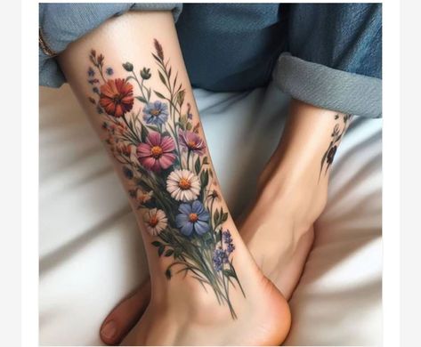 Fall Flower Tattoo, Sister Flower Tattoos, Artful Tattoos, Wildflower Tattoo Ideas, Sara Tattoo, Floral Foot Tattoo, Vintage Floral Tattoos, Ukrainian Tattoo, Feminine Shoulder Tattoos