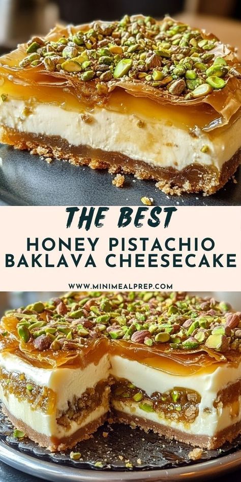 This honey pistachio baklava cheesecake blends the creamy richness of cheesecake with the sweet, nutty crunch of baklava, creating a decadent dessert that’s full of flavor. Baklava Pistachio Cheesecake, Pistachio Baklava Cheesecake, Honey Pistachio Baklava Cheesecake, Baklava Cheesecake Recipe, Pistachio Cheesecake Recipe, Honey Pistachio, Pistachio Cheesecake, Baklava Cheesecake, Pistachio Baklava