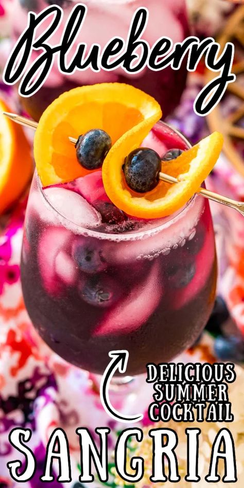 Blueberry Sangria is a large batch cocktail that combines 4 ingredients with blueberries and Cara Cara oranges for a refreshing Summer drink! via @sugarandsoulco Blueberry Wine Sangria, Blueberry Lemon Sangria, Blueberry Mixed Drinks, Drinks With Blueberries, Blueberry Wine Cocktail, Blueberry Alcoholic Drinks, Large Batch Sangria Recipe, Cocktails With Blueberries, Sangria Blueberry