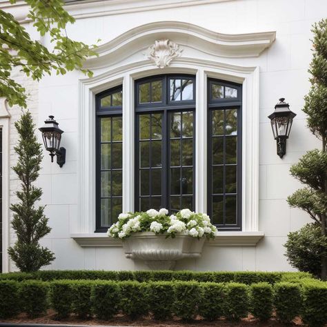 Foam Window Trim in Classic French Design for Exterior Beauty • 333+ Images • [ArtFacade] Neo Classical Architecture Exterior, Neo Classic Villa Exterior, Molding Around Windows, French Mediterranean Home, Modern French Chateau, Exterior Window Trim, Classic Villa Exterior, French Mediterranean, Neo Classical Architecture