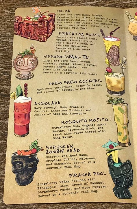 Tiki Dinner Party, Tiki Bar Menu Design, Classy Tiki Party, Tiki Bar Drinks, Tiki Bar Ideas, Tiki Drinks Recipes, Mocktail Bar, Menue Design, Tiki Bar Decor