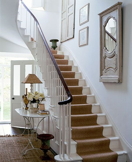 white stairs, runner, dark bannister Sisal Stairs, Colonial Stairs, Coastal Stairs, Sisal Stair Runner, Stairs Carpet, Landing Ideas, Stair Cases, White Stairs, Diy Staircase