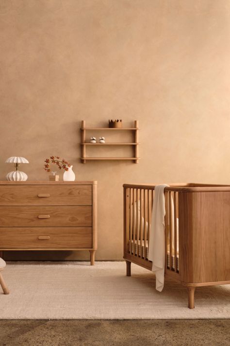 A considered collaboration between Tasman Eco and Skeehan Studio, creating a nursery collection fit for a considered nursery. Wooden Nursery Furniture, Ferm Living Nursery, Japandi Nursery Room, Baby Room Layout, Japandi Nursery, Aesthetic Nursery Room, Baby Room Minimalist, Japanese Nursery, Terracotta Nursery