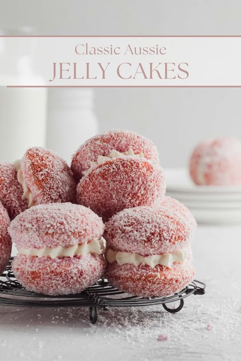 Jelly Cakes Recipe, Jelly Donut Cake, High Tea Cakes, Jelly Cake Recipe, Cinnamon Scones Recipe, Small Pastries, Australian Desserts, Jelly Cakes, Australian Recipes