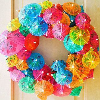 RX_1706_Christmas in July Party Ideas We Stole from Pinterest_Cocktail Umbrella Wreath Cocktail Umbrella Wreath, Christmas In July Decorations, Umbrella Wreath, Cocktail Umbrellas, Beach Party Decorations, Classic Christmas Decorations, Hawaiian Christmas, Summer Christmas, Tropical Christmas