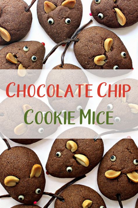 Aren't these the cutest cookies? These cookies would be so fun to eat while reading a Nutcracker story book! This chocolate chip cookie mice recipe is perfect for kids! Mouse Cookies Christmas, Mice Cookies Christmas, Christmas Mouse Cookies, Christmas Mice Cookies, Mouse Themed Snacks, Cutest Christmas Cookies, Nutcracker Recipes, Moose Dessert Recipes, Fun Cookies To Make With Kids