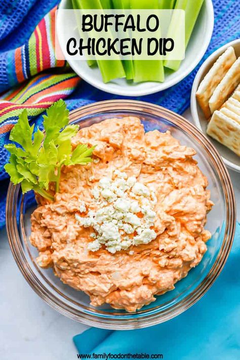 Buffalo chicken dip is creamy, slightly spicy and seriously delicious as an appetizer served with celery, crackers, chips or bread. You can make it as a cold dip or bake it and serve warm! Buffalo Chicken Dip With Celery, Cold Buffalo Chicken Dip, Healthy Buffalo Chicken Dip, Cold Dip, Dips Recipes, Healthy Appetizers Easy, Buffalo Chicken Salad, Food On The Table, Thanksgiving 2024