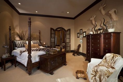 paint savanna bed brown. dark wood trim..zebra!  plant behind bed.. tan walls..add a red accent wall. African Bedroom, Safari Bedroom, Dark Wood Trim, Safari Room, Tan Walls, Style Africain, African Decor, Bedroom Paint, Bedroom Themes