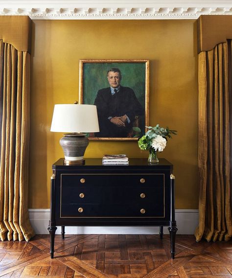 Mustard Feature Wall, Yellow Hallway, Mustard Walls, Hallway Walls, Chippendale Chairs, London Townhouse, Townhouse Designs, Yellow Room, Wooden Cabinet