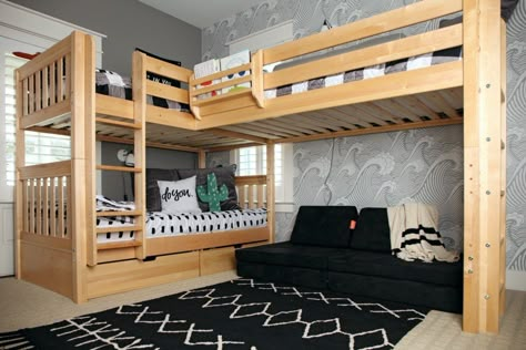 Room Reveal! Meet Aden & Hudson! These brothers share a room full of laughter, pillow fights and tons of play sessions. Blogger Adrianne Betz with Little Adi + Co loves the excitement and enjoys creating spaces for her two young boys to share. See how corner bunk beds added space in their new room design. See the big room reveal! Triple Full Bunk Beds, Triple Bunk Beds With Storage, 3beds In One Room, Boys Room 3 Beds, Bunk Bed For 3 Kids, 3 Bunk Bed Ideas, Bunk Beds For 3 Kids, Kids Room 3 Beds, Kids Loft Room