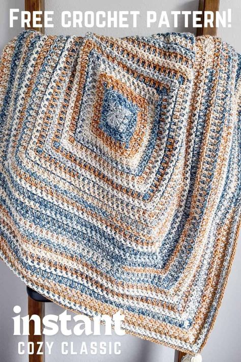 The Coastal Haven Throw is a free crochet blanket pattern by Nana's Crafty Home! This center-out square blanket is worked in the round with an easy to memorize, beginner friendly stitch repeat. With lovely and uniquely woven texture providing a different look. Made with self-striping yarn for easy color changes. This square blanket would make the perfect baby blanket or as a lovely and cozy throw for the couch! Crochet Blanket In Rounds, Crochet Blanket Patterns In The Round, Crochet Squares Afghan Blanket Patterns, Crochet Patterns For Self Striping Yarn, Bulky Crochet Blanket Pattern Free, Dk Crochet Blanket Patterns Free, Crochet Blanket In The Round Pattern, Crochet Patterns In The Round, In The Round Crochet Blanket