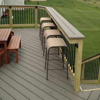 A PLACE TO EAT AND HANG OUT - Adding a bar top over your deck railing is a simple & affordable way to add extra seating + entertainment space. Reling Design, Deck Bar, Patio Railing, Deck Railing Design, Deck Seating, Deck Building, Patio Pergola, Patio Deck Designs, Wooden Deck