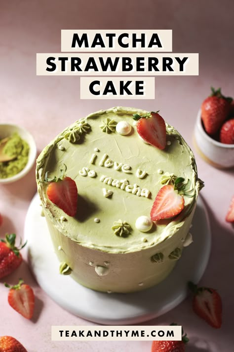 This matcha strawberry cake is made with layers of soft matcha sponge cake with fresh strawberries. Two options for frosting: matcha buttercream or matcha whipped cream #matcha #layercake | teakandthyme.com Matcha And Strawberry Cake, Matcha Sponge Cake, Matcha Birthday Cake, Matcha Strawberry Cake, Matcha Whipped Cream, Matcha Buttercream, Matcha Frosting, Matcha Dessert Recipes, Cake With Fresh Strawberries