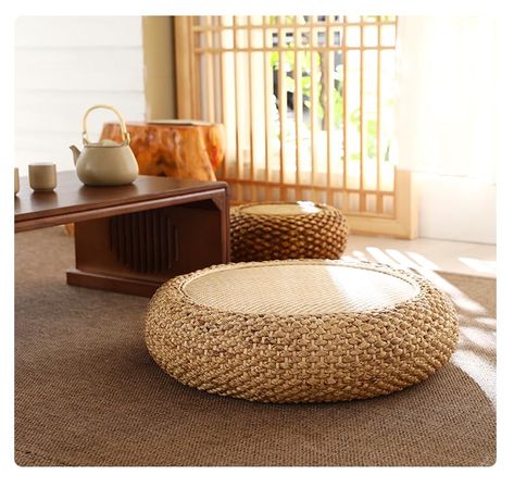 PRICES MAY VARY. 🏵️🍉【Sturdy and Durable, Good Breathability】：The round floor cushion is hollow inside and adopts a stable steel structure; all made of straw, no sponge, good breathability, suitable for summer and outdoor activities, highly practical, comfortable to sit on, and not easy to deform. 🏵️🍉【Green and environmentally friendly, safe and non-toxic】：The floor pouf are made of natural environmentally friendly material - cattail grass, which does not contain formaldehyde, does not contai Yoga Living Room, Window Balcony, Bohemian Living Room Decor, Balcony Chairs, Living Room Window, Small Couch, Handmade Ottomans, Boho Floor, Zen Yoga