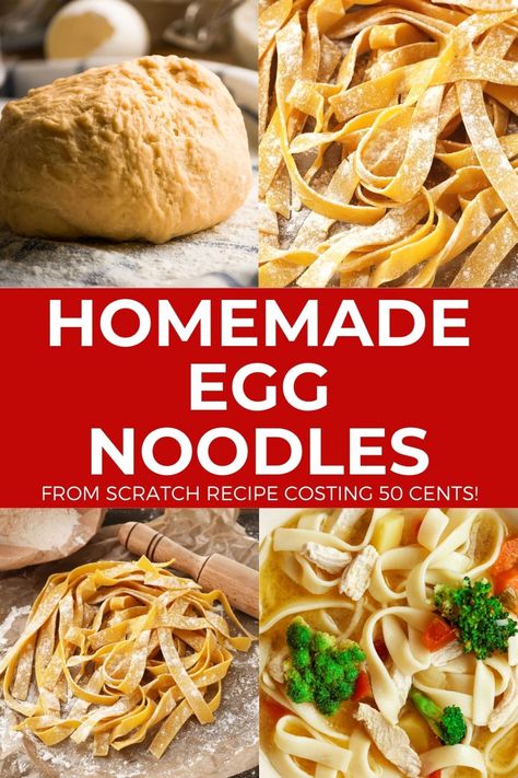 Easy to make homemade egg noodles to serve in soup. Made from scratch with egg, salt, milk, flour and baking powder, costing about 50 cents. Noodles From Scratch Recipe, Noodle Recipes Homemade, Egg Noodle Recipes, Homemade Egg Noodles, Homemade Noodles, Yummy Chicken Recipes, Pasta Noodles, Easy Pasta Recipes, Egg Noodles