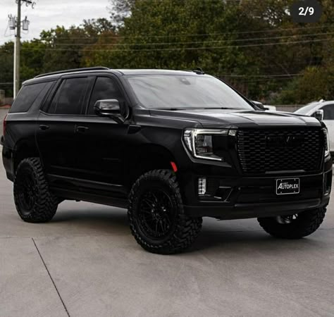 Chevy Tahoe Blacked Out, Blacked Out Yukon Denali, Black Suv Mom Aesthetic, Lifted Yukon Denali, Blacked Out Yukon, Blacked Out Suv, 2024 Chevy Tahoe, Yukon Denali Lifted, Gmc Denali Suv