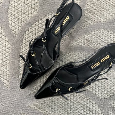 MIUMIU Patent leather slingbacks with buckles Miu Miu Shoes, Slingbacks, Heels Boots, Rubber Heels, Metal Buckles, Miu Miu, Heeled Boots, Patent Leather, Classic Style