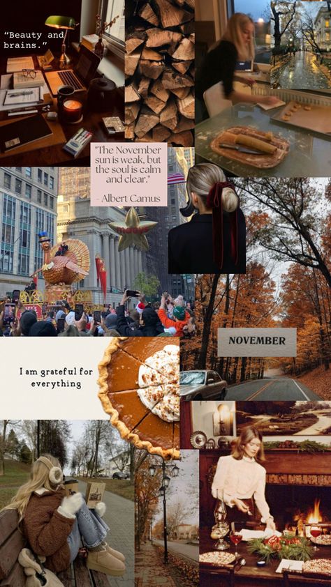 Studying aesthetic, beauty and brains, baking, Thanksgiving parade, Thanksgiving dinner, fall, leaves, fall quotes, fall fashion, Rainy days November Mood Board, November Vibes, November Mood, Albert Camus, I Am Grateful, Mood Board, Thanksgiving