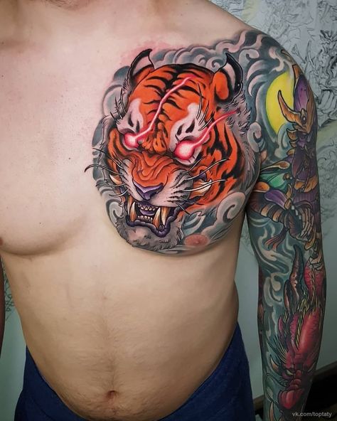 Japanese Tattoo Art Chest, Chest Tattoo Japanese, Mum And Dad Tattoos, Ankle Band Tattoo, Full Chest Tattoos, Asian Dragon Tattoo, Japanese Tiger Tattoo, Japanese Legs, Animal Sleeve Tattoo