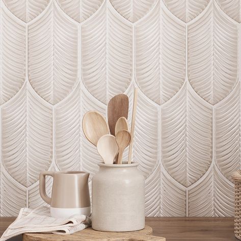 Plume Cream Ceramic Feather Tiles for a Textured Boho Kitchen Wall Ohana House, Accent Wall Fireplace, Cream Tiles, Cream Tile, Wall Fireplace, Art Deco Tiles, Tile Fireplace, Decorative Wall Tiles, Gorgeous Tile