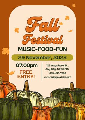 orange and beige retro fall festival flyer Festival Invite, Fall Festival Flyer, Neighborhood Block Party, Event Poster Template, Canva Flyer, School Carnival, Festival Flyer, Harvest Party, Fall Events