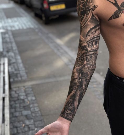 Gotik Tattoo, Warrior Tattoo Sleeve, Greek God Tattoo, Roman Tattoo, Gladiator Tattoo, Spartan Tattoo, Greek Mythology Tattoos, Men Tattoos Arm Sleeve, Full Arm Tattoos