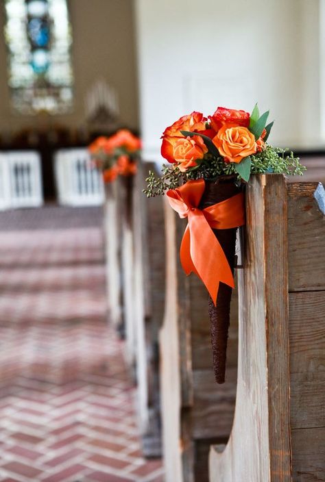 Aisle decor Wedding Decorations Entrance, Wedding Pew Markers, Traditional Fall Wedding, Fall Wedding Bouquets Burgundy, Ribbon Wedding Decorations, Pew Markers, Orange Wedding Colors, Pew Decorations, Wedding Pews