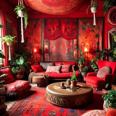 For a relaxed and eclectic vibe, try a bohemian red living room. Red tapestries, eclectic furniture, a mix of red and patterned cushions, and various plants will create a vibrant and free-spirited space. A large red rug can anchor the room. Red And Green Living Room, Living Room Red Sofa, Red Persian Rug Living Room, Persian Rug Living Room, Red Velvet Sofa, Mcm Living Room, Red Living Room, Patterned Cushions, Modern Glass Coffee Table