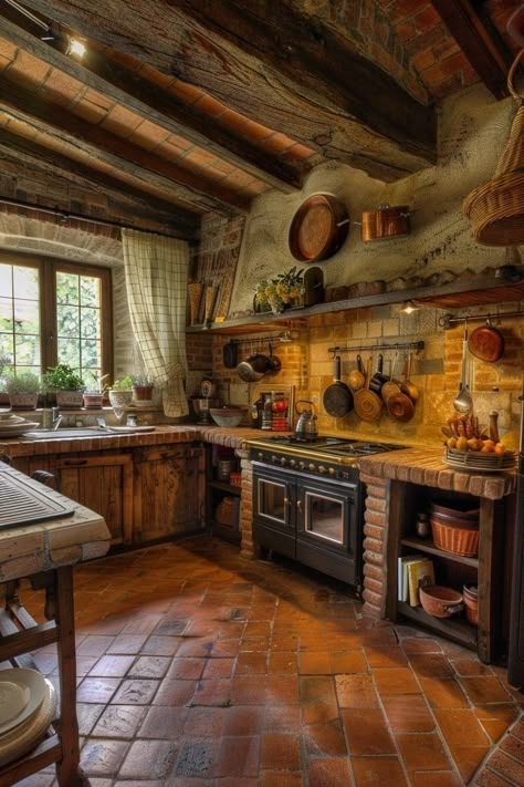 Cozy Italian Kitchen, English Country House Kitchen, Kitchen Design Tuscan Style, Tuscan Kitchen Backsplash Ideas, Tuscany Kitchen Ideas, Italian Kitchen Design Tuscan Style, Tuscan Farmhouse Kitchen, Italian Kitchen Aesthetic, Tuscan Kitchen Backsplash