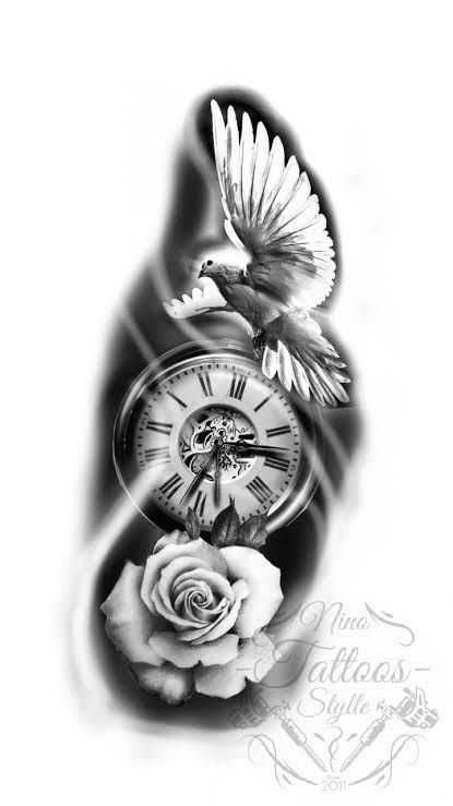 Pigeon Tattoo Design, Dove And Rose Tattoo, Pigeon Tattoo, Clock And Rose Tattoo, Watch Tattoo Design, Dove Tattoo Design, Rose Clock, Skull Rose Tattoos, Dove Tattoos